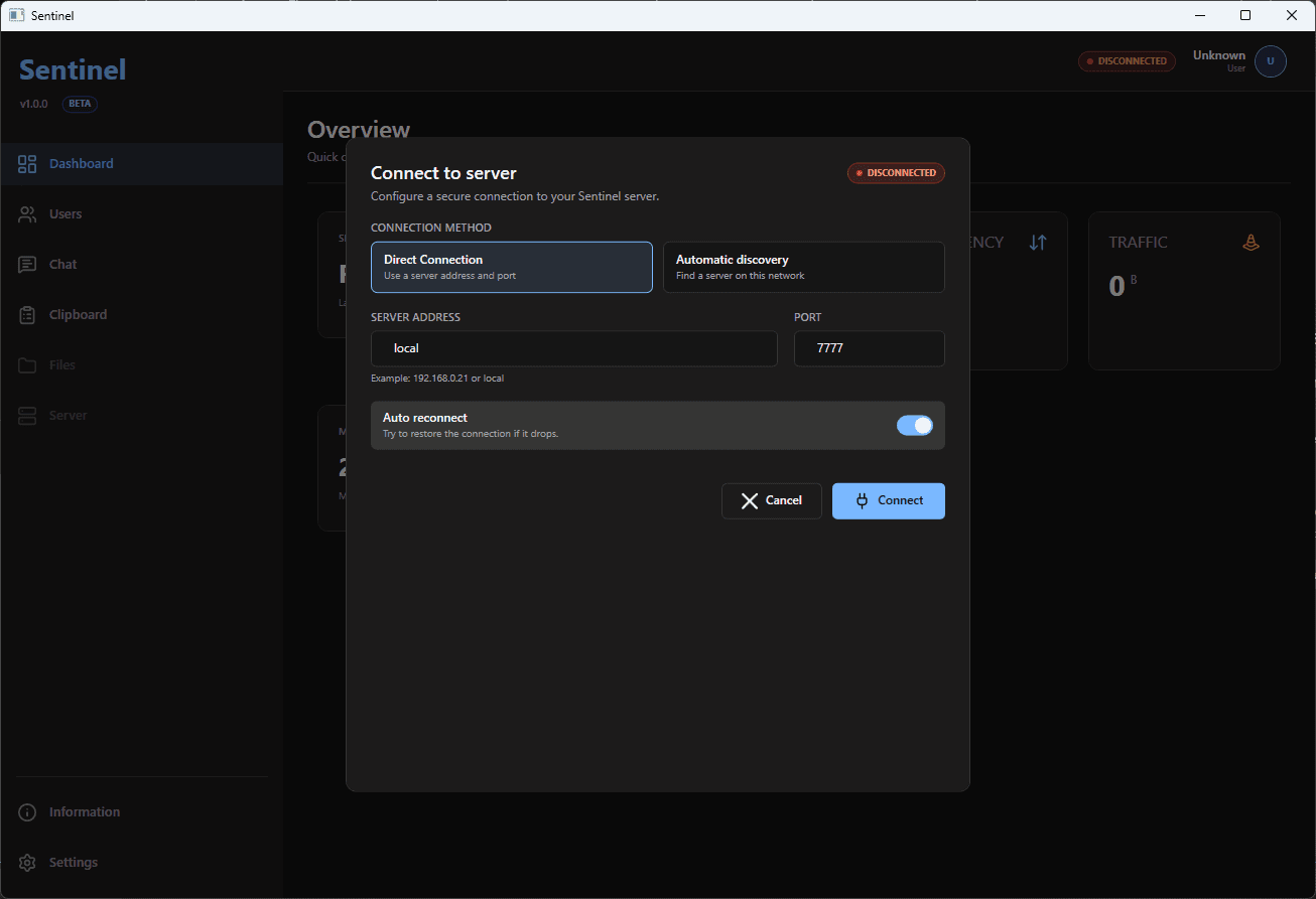 Sentinel connect-to-server screen with direct connection and automatic discovery options